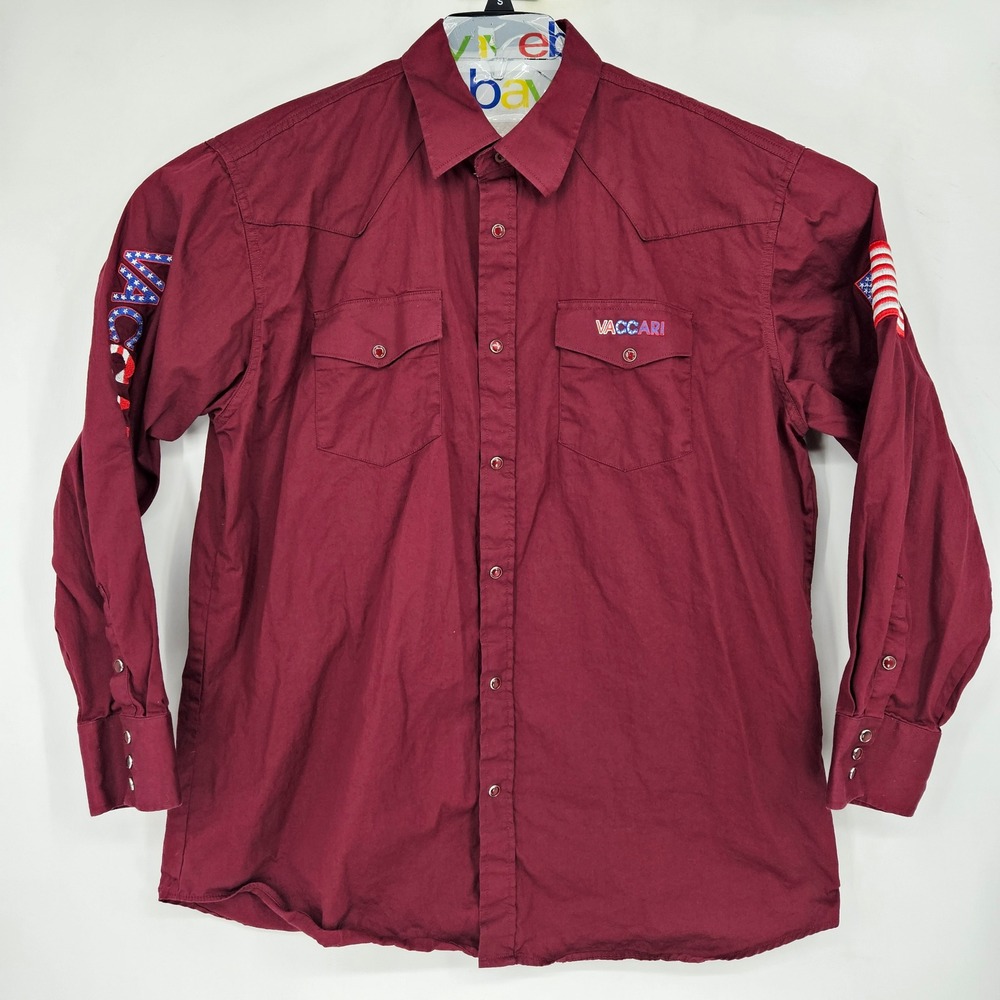 Vaccari Shirt Mens Large Pearl Snap Embroidered USA Flag Western Patriotic